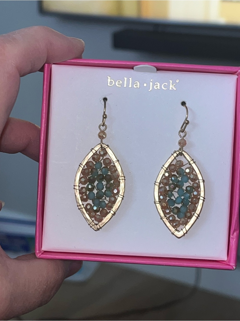 New Bella Jack Gold Teardrop Beaded Earrings with Turquoise and Peach Beads